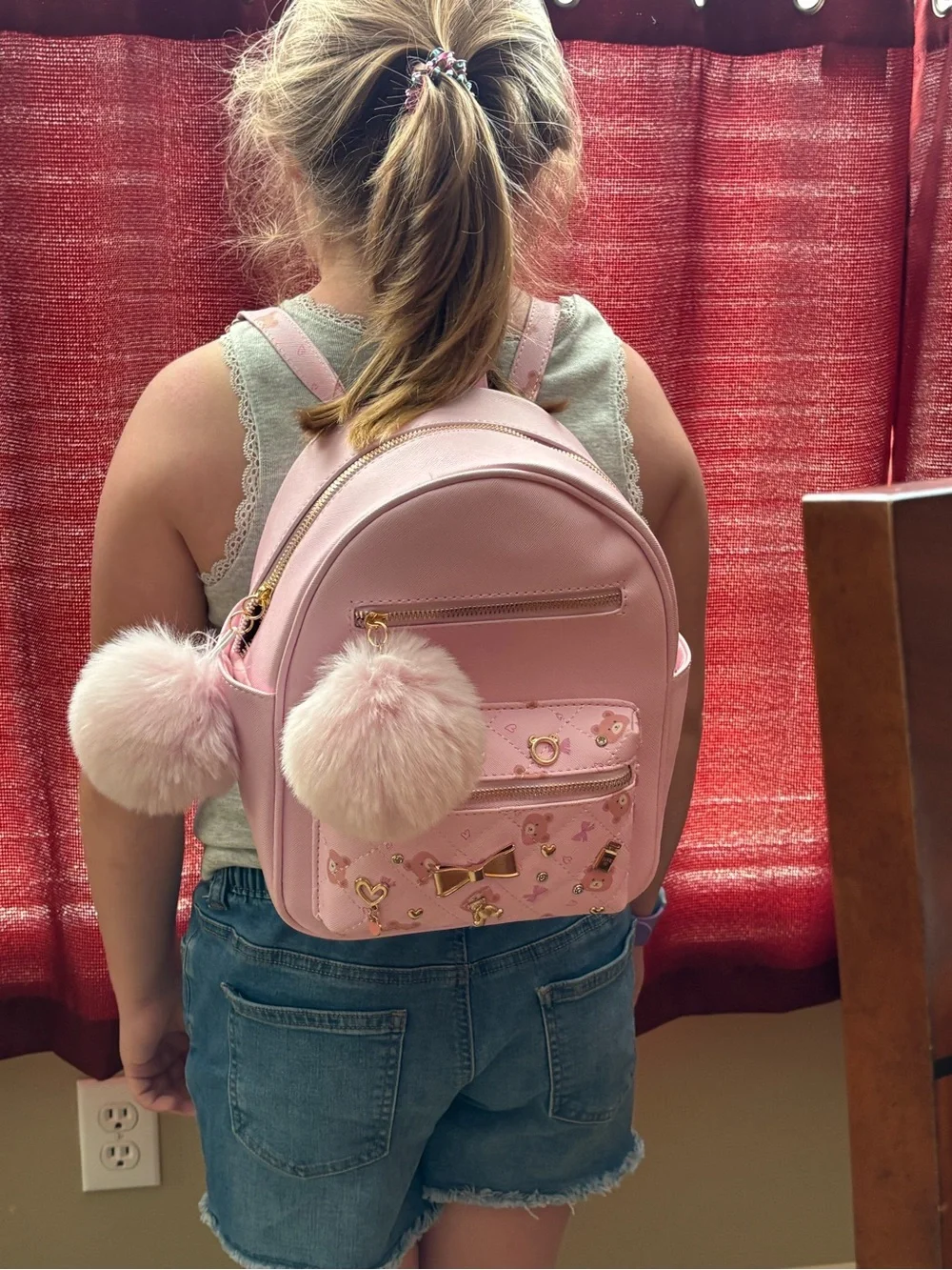 Under One Sky Light Pink Mini Backpack with Faux Fur Pom Pom and Gold Accents